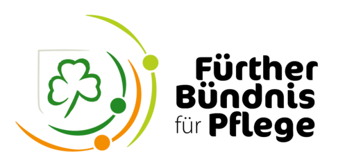 Logo mit stilisiertem dreiblättrigen Kleeblatt und orange-grüner geschwungener Linie sowie dem Text "Fürther Bündnis für Pflege".