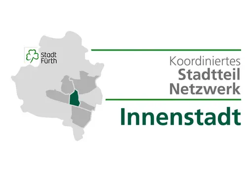 Fürth-Logo, Karte und Schriftzug Koordiniertes Stadtteilnetzwerk Innenstadt. Klick öffnet Bild in größerer Ansicht.