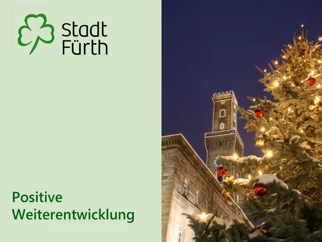 Schriftgrafik mit dem Logo der Stadt Fürth, Text „Positive Weiterentwicklung“ und Nachtfoto vom Weihnachtsbaum vor dem Rathaus. Klick öffnet die Meldung.