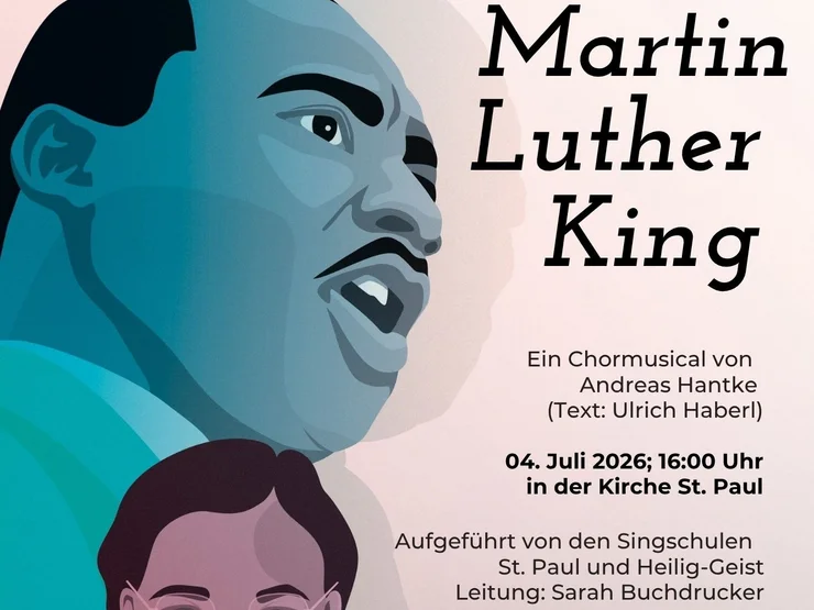 Illustration vom Martin Luther King mit dunkler Hautfarbe und kurzem Haar vor einem hellen Hintergrund mit dem Text 'Martin Luther King Ein Chormusical