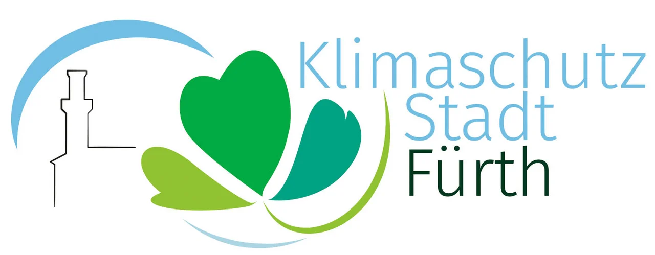 Logo der Klimaschutzstadt Fürth bestehend aus dem Fürther Rathaus und einem dreiblättrigen Kleeblatt
