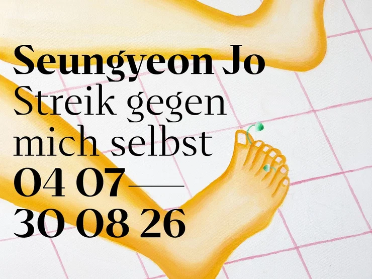 Illustration von zwei Füßen auf einem gefliesten Boden, überlagert von schwarzem Text mit den Worten 'Seungyeon Jo Streik gegen mich selbst.