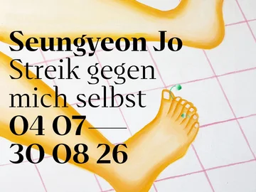 Illustration von zwei Füßen auf einem gefliesten Boden, überlagert von schwarzem Text mit den Worten 'Seungyeon Jo Streik gegen mich selbst.