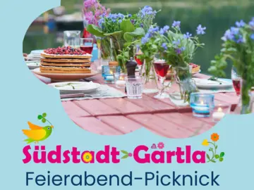 Gedeckter Tisch und Text Südstadt-Gärtla, Feierabend Picknick