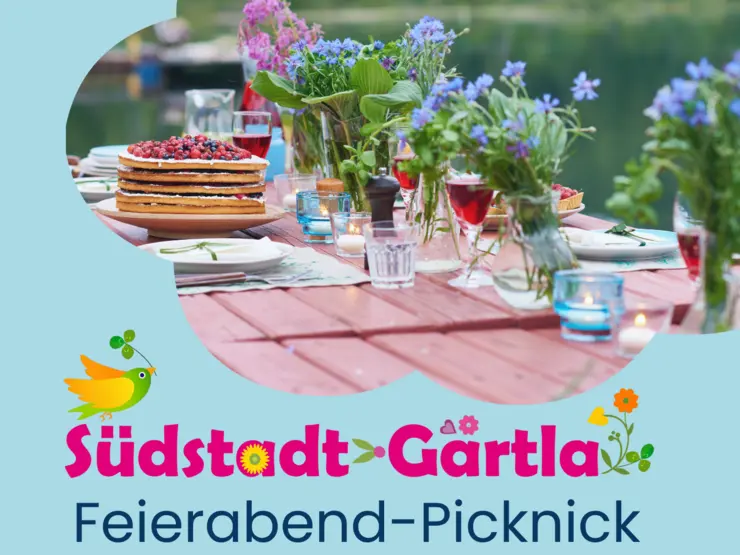 Gedeckter Tisch und Text Südstadt-Gärtla, Feierabend Picknick