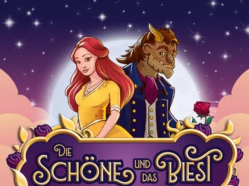Zeichnung von einer Frau mit langem roten Haar in gelbem Kleid und einem bärtigen, gehörnten Wesen in blauem Mantel vor einem lila Banner mit dem Text 'Die Schöne und das Biest'.