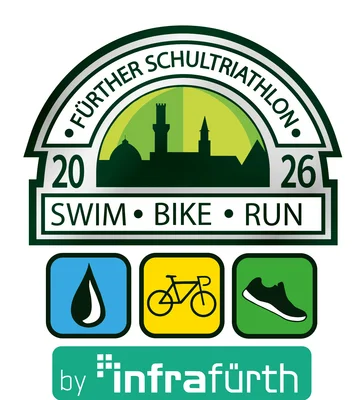 Logo des Schultriathlons mit Text "Fürther Schultriathlon 2026. Swim. Bike. Run"