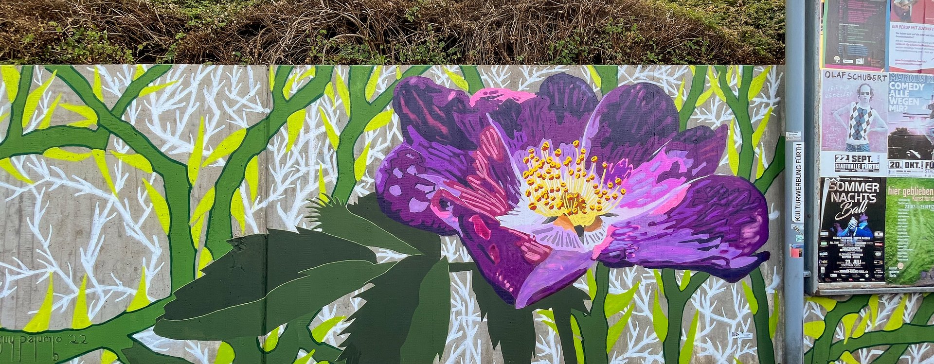 "Um dieser"Rose Willen" ist der Titel des Werkes von Guy Palumbo, das eine violette Rose an einer etwa ein Meter hohen Betonwand zeigt.