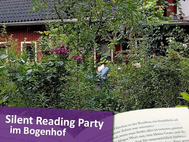 Das Bild zeigt einen üppigen Garten, in einer Nische sitzt eine lesende Person, im Vordergrund ist ein aufgeschlagenes Buch zu sehen und ein Banner mit dem Schriftzug: "Silent Reading Party im Bogenhof"