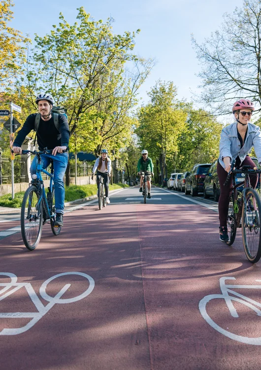 Mehrere Personen befahren die Fahrrad-Straße Dambacher Straße an einem sonnigen Tag. Klick öffnet Nachricht.