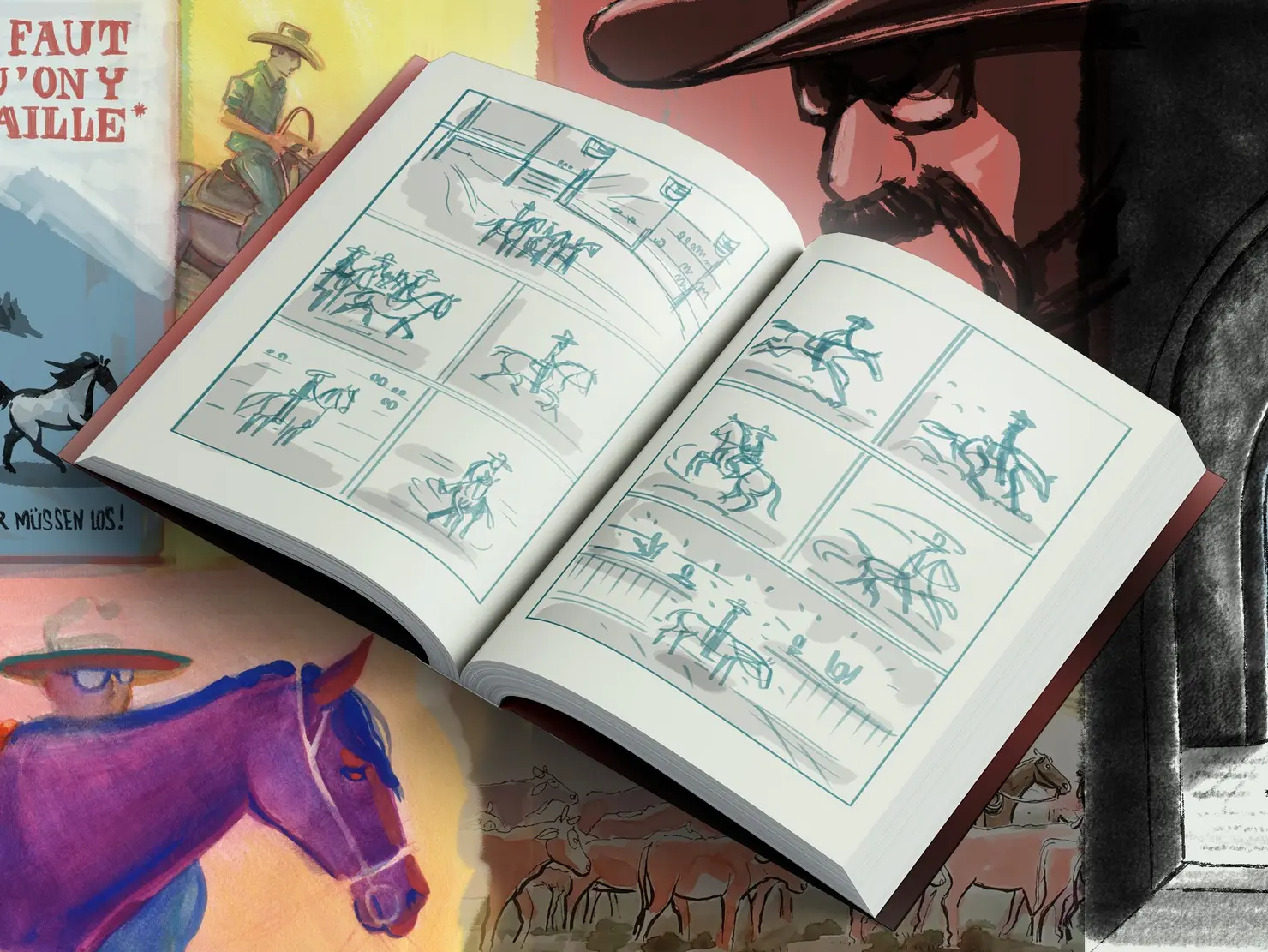 Abbild einer Doppelseite aus dem Storyboard vor einem Hintergrund mit Studien aus der Graphic Novel "Horse Man Jean-Claude Dysli. Ein schweizer Cowboy in den USA"
