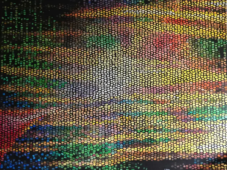 Foto eines abstrakten Gemäldes. Einzelne Farbflächen fügen sich vor einem schwarzen Hintergrund wie Mosaiksteine zu einem abstrakten Farbenrausch zusammen