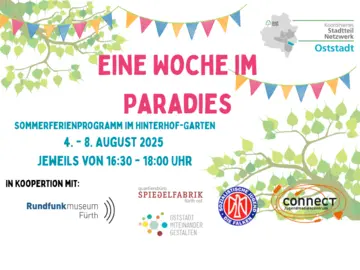 Illustration mit Text "Eine Woche im Paradis", Sommerferienprogramm im Hinterhof-Garten, 4. bis 8. August, jeweils von 16.30 bis 18 Uhr
