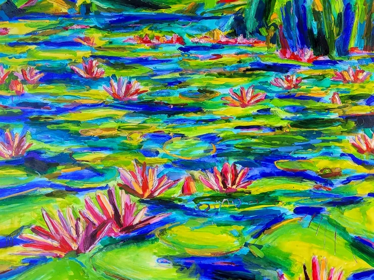 Lebhaftes Gemälde eines Seerosenteichs mit leuchtend pinken Blüten auf grünen Seerosen­blättern in intensiv blauem Wasser.