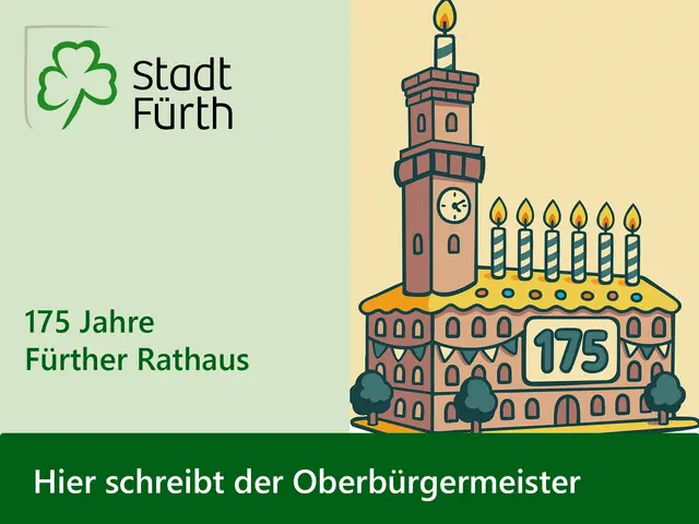 Schriftgrafik mit den Texten "Hier schreibt der OB" und "175 Jahre Fürther Rathaus" sowie einer Illustration des Rathauses mit Kerzen. Klick öffnet Detailansicht.