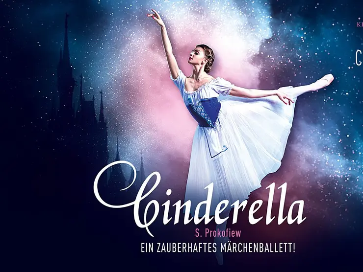 Ballerina im weissen Kleid. Text: Cinderella, ein zauberhaftes Märchen