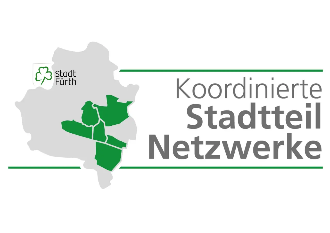 Fürth-Logo, Karte und Schriftzug Koordinierte Stadtteilnetzwerke. Klick öffnet Bild in größerer Ansicht.