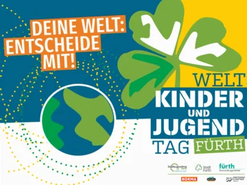 Grafik mit Erde, vierblättrigem Kleeblatt und Text 'DEINE WELT: ENTSCHEIDE MIT! WELT KINDER UND JUGEND TAG FÜRTH'