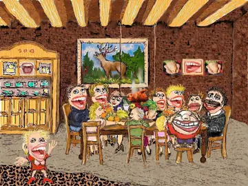 Malerei mit feiernden Menschen an einem Tisch