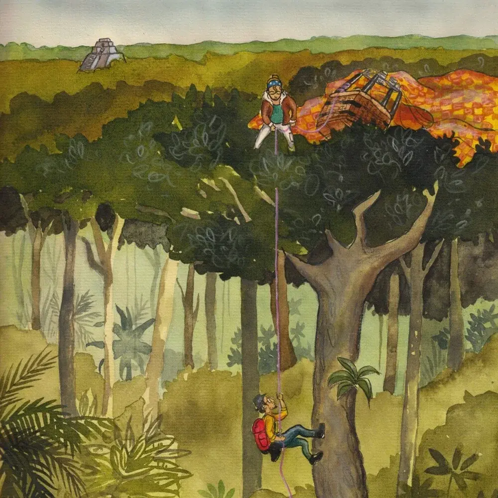 Geschichtensucher Vom Fliegen und Erfinden Illustration: Ein Fallschirmsprnger ist in einem Baum gelandet.