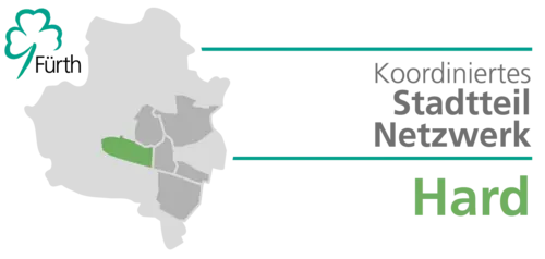 Fürth-Logo, Karte und Schriftzug Koordiniertes Stadtteilnetzwerk Hard. Klick öffnet Bild in größerer Ansicht. 