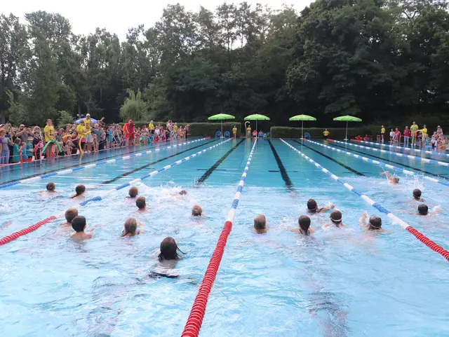 Schüllerinnen und Schüler schwimmen in einem Becken, im Freibad. Außenrum stehen Zuschauerinnen und Zuschauer. Klick öffnet die Meldung.