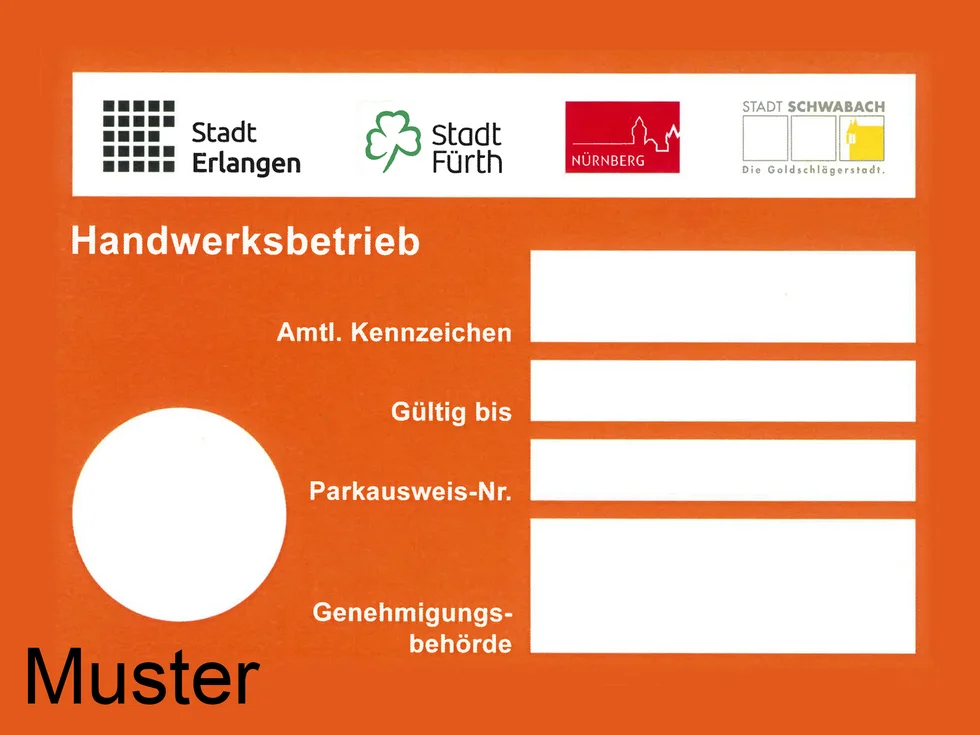 Logos der Städte Erlangen, Fürth, Nürnberg und Schwabach und Text "Handwerksbetrieb, Amtl. Kennzeichen, Gültig bis, Parkausweis Nr., Genehmigungsbehörde und Muster".