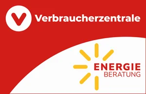 Rot-weißes Logo mit Text "Verbraucherzentrale Energieberatung" und einer illustrierten Sonne.