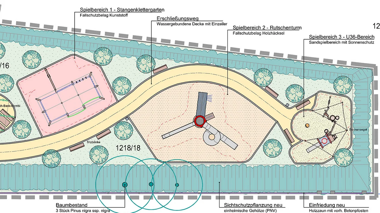Entwurfsplan des Kinderspielplatzes mit Spielbereichen, Sitzplätzen, Fahrradabstellanlage und Bäumen entlang der Dambacher Straße
