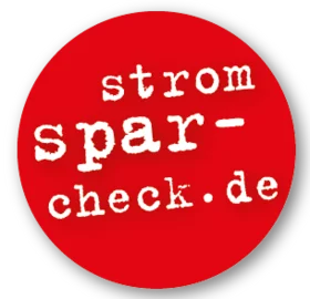 Rundes rotes Logos mit weißem Text "stromsparcheck.de"