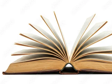 Aufgeschlagenes Buch mit nach oben gebogenen Seiten auf weißem Hintergrund.