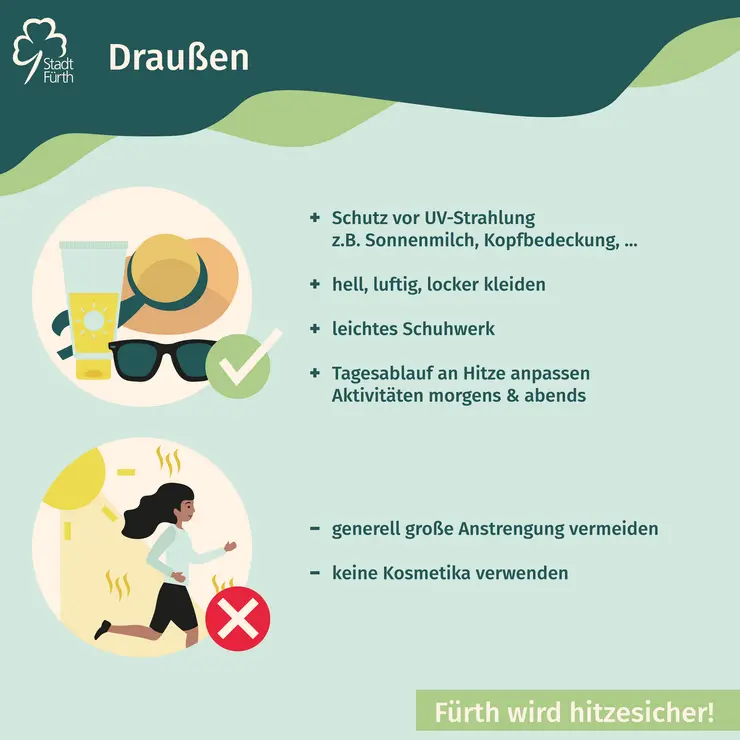 Grafik mit Auflistung von Hitzetipps: Schutz Draußen