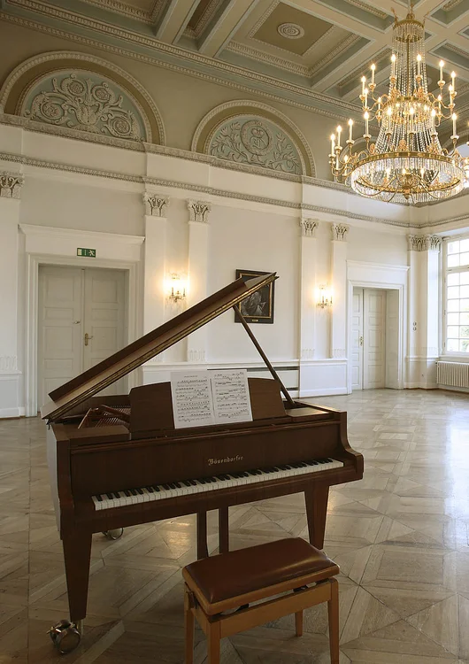 Im prächtigen, lichtdurchfluteten Festsaal des Schloss Burgfarrnbach steht ein Flügel unter dem Kronleuchter.