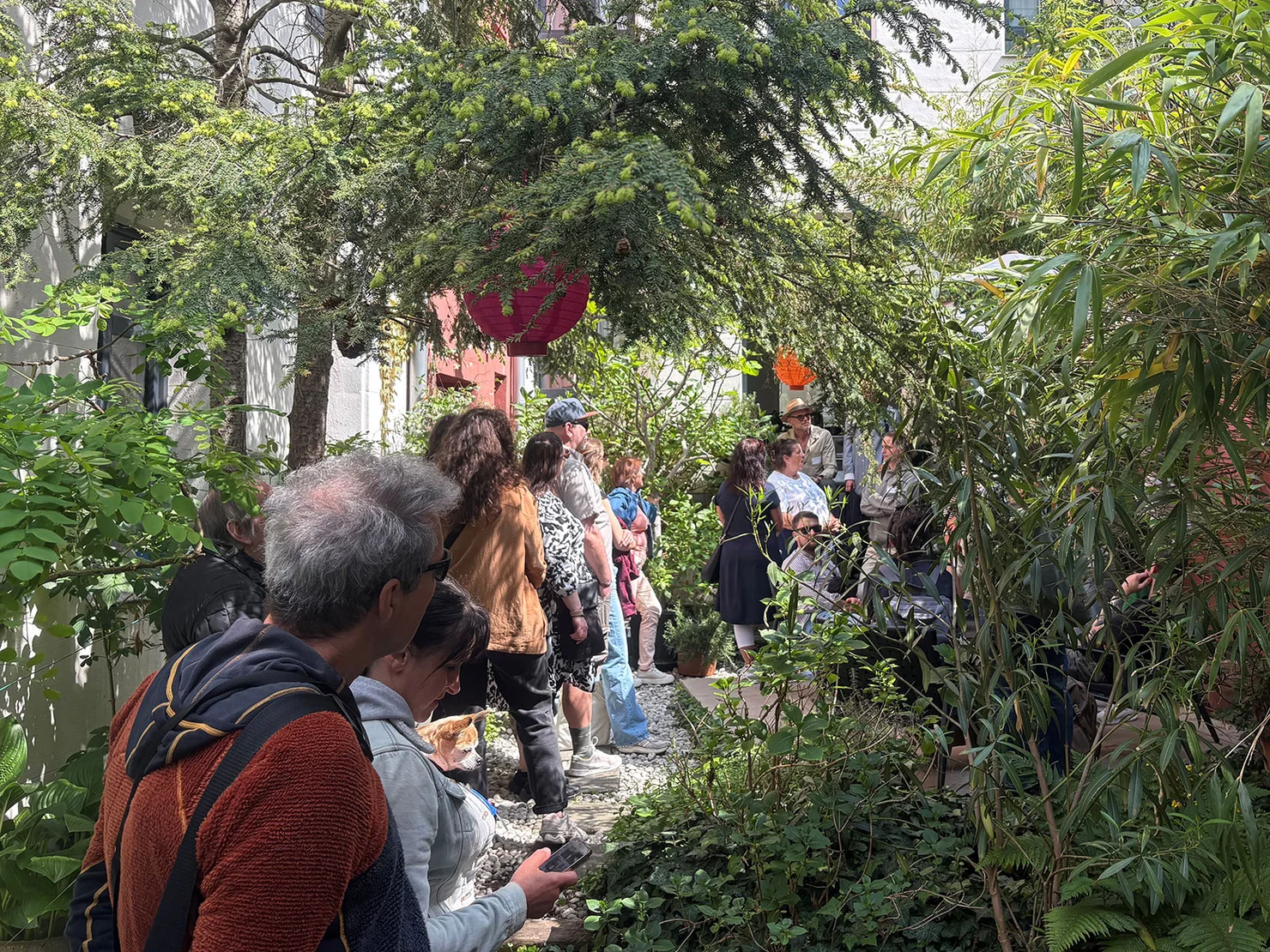 Gruppe von Menschen steht in einem schmalen, begrünten Innenhof zwischen Gebäuden