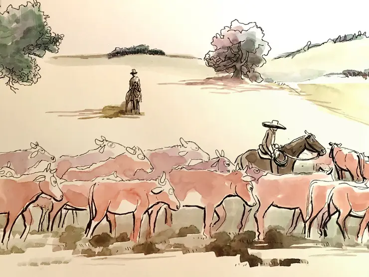 Konzeptskizze mit Cowboys und Rinderherde zur Graphic Novel "Horse Man Jean-Claude Dysli. Ein schweizer Cowboy in den USA"