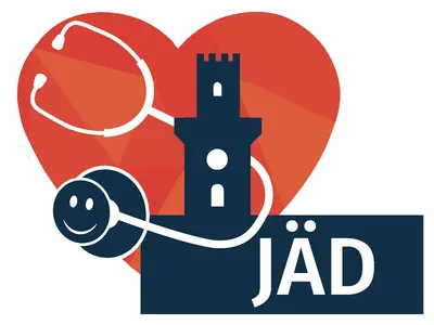 Logo des Kinder- und Jugendärztlichen Dienstes Rathausturm, Herz und Aufschrift "JÄD"