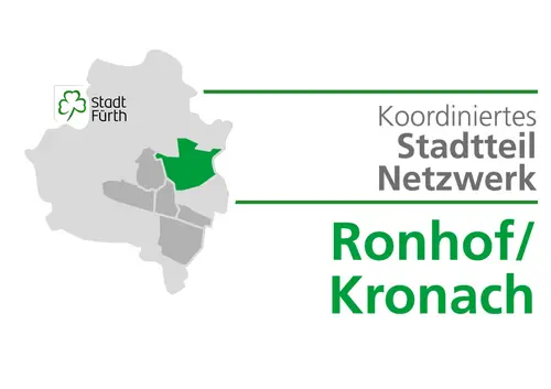 Fürth-Logo, Karte und Schriftzug Koordiniertes Stadtteilnetzwerk Ronhof/Kronach. Klick öffnet Bild in größerer Ansicht.
