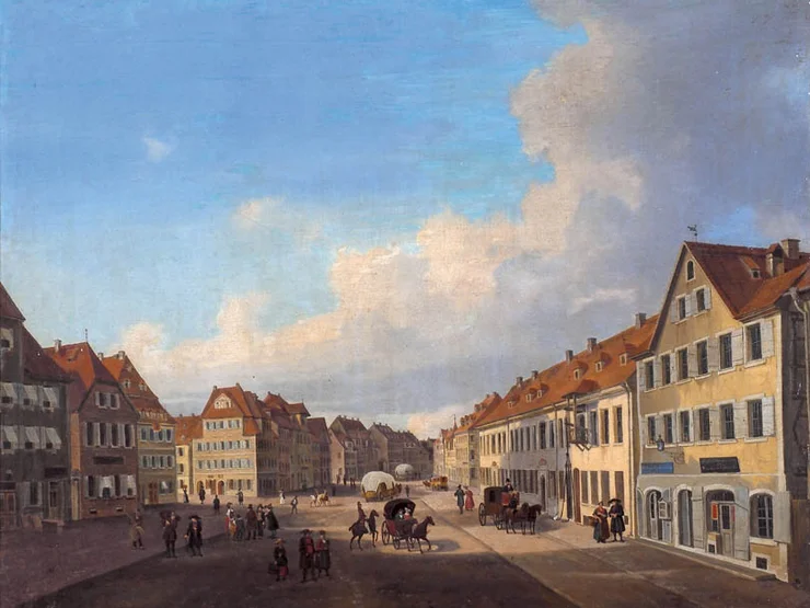 Historische Stadtansicht der Unteren Königstraße mit mehreren mehrstöckigen Fachwerkhäusern, Menschen und Pferdekutschen auf einem breiten Platz unter blauem Himmel mit Wolken.