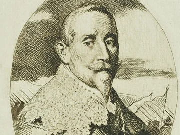 Schwarz-weiße Karikatur von Gustav Adolf in einem ovalen Rahmen, mit Spitzenkragen und Umhang, im Hintergrund Fahnen und Menschenmengen.