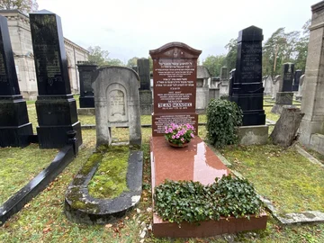 Grabsteine auf dem neuen jüdischen Friedhof, darunter ein roter Grabstein mit hebräischer und deutscher Inschrift, umgeben von Efeu und einem Blumentopf mit rosa Blumen.