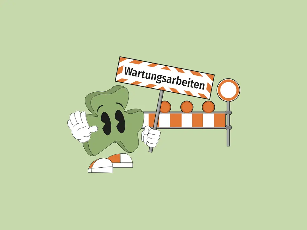 Illustration mit Baustellenbarke und Kleeblattfigur, die ein Schild mit dem Text "Wartungsarbeiten" hält. 