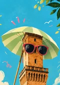 Fürther Rathaus-Turm mit großem grün-weiß gestreiftem Sonnenschirm und roter Sonnenbrille vor blauem Himmel mit Sonne, Wolken und Blättern.