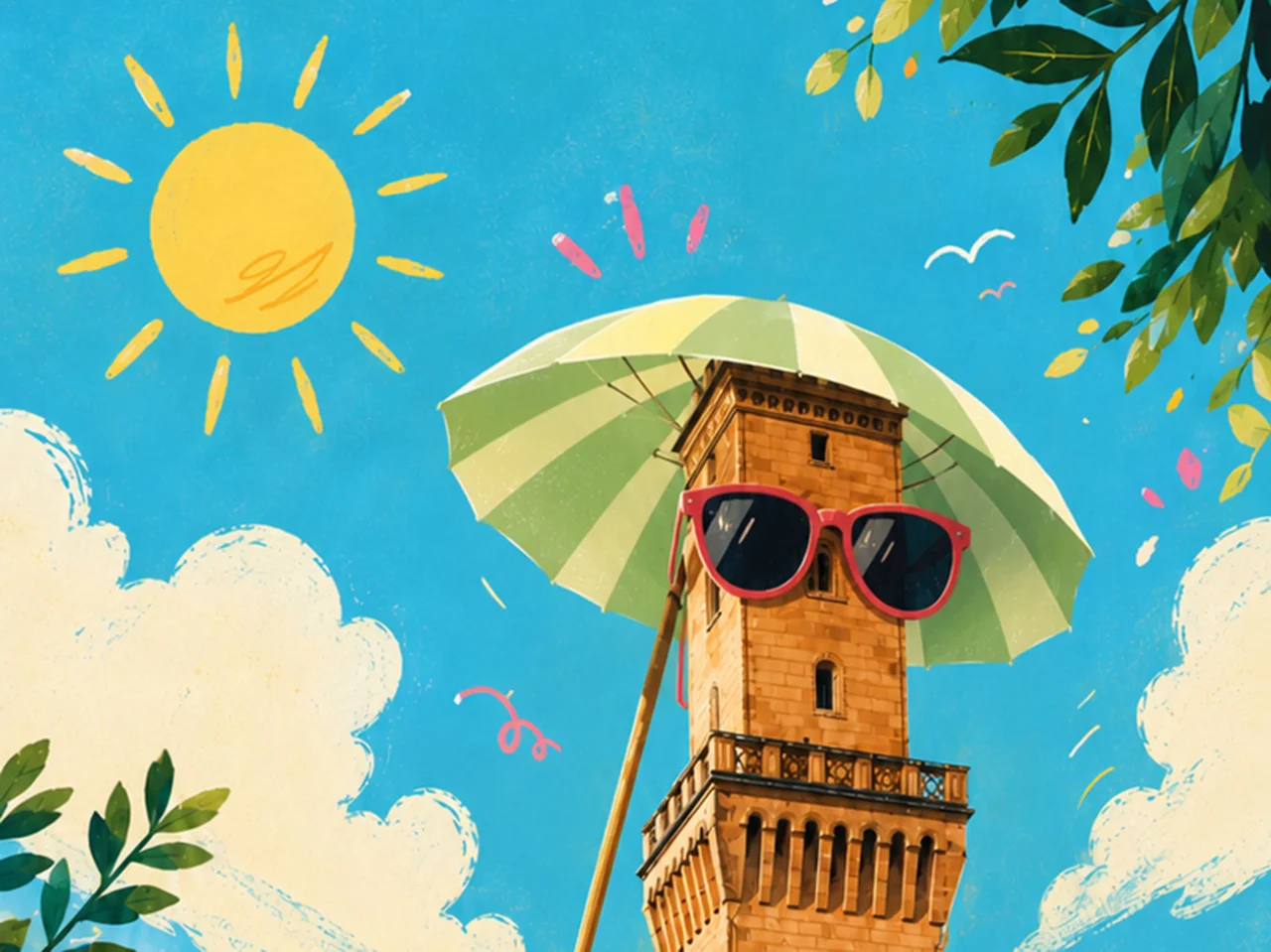 Fürther Rathaus-Turm mit großem grün-weiß gestreiftem Sonnenschirm und roter Sonnenbrille vor blauem Himmel mit Sonne, Wolken und Blättern.