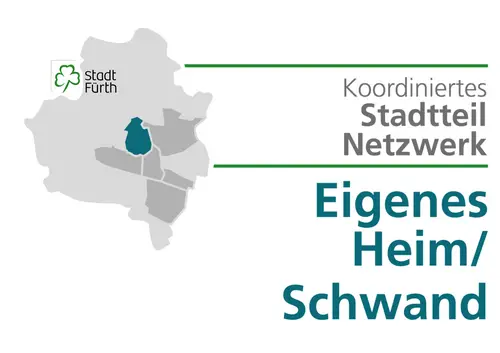 Fürth-Logo, Karte und Schriftzug Koordiniertes Stadtteilnetzwerk Eigenes Heim/Schwand. Klick öffnet Bild in größerer Ansicht.