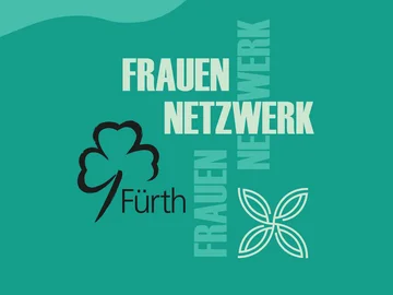 Logo der Stadt Fürth mit einem stilisierten Kleeblatt, dem Schriftzug 'Fürth' und den Worten 'FRAUEN NETZWERK WERK' auf grünem Hintergrund.