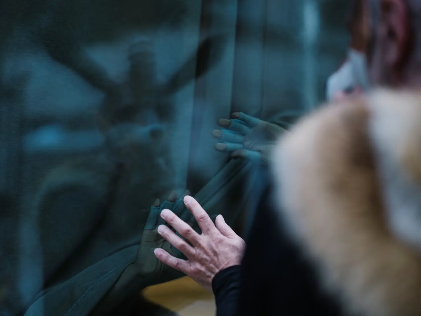 Eine Person streckt ihre Hand gegen eine Glasoberfläche, während ihre Reflexion auf dem Glas sichtbar ist. Der Fokus liegt auf der Hand der Person und der verschwommenen Umgebung im Hintergrund.
