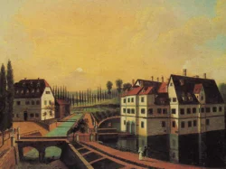 Gemälde des alten Wasserschloss mit Wassergraben, Brücke und umliegenden Gebäuden unter bewölktem Himmel
