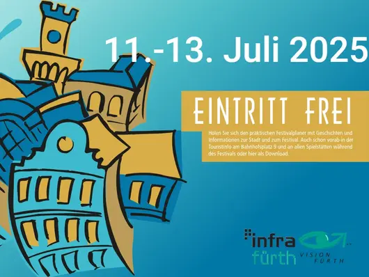 Illustration mit bunten Gebäuden und dem Fürther Rathaus und dem Text 11. bis 13. Juli 2025, Eintritt frei. Klick öffnet Veranstaltungstipp.