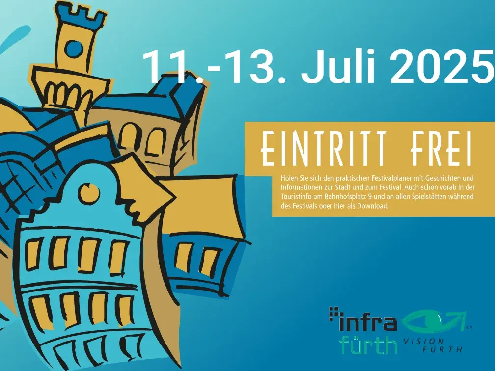 Illustration mit bunten Gebäuden und dem Fürther Rathaus und dem Text 11. bis 13. Juli 2025, Eintritt frei. Klick öffnet Bild in größerer Ansicht
