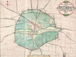 Handgezeichnete historische Karte von Burgfarrnbach aus dem Jahr 1747 mit eingezeichneten Feldern, Wegen und Gebäuden innerhalb einer umgrenzten Fläche